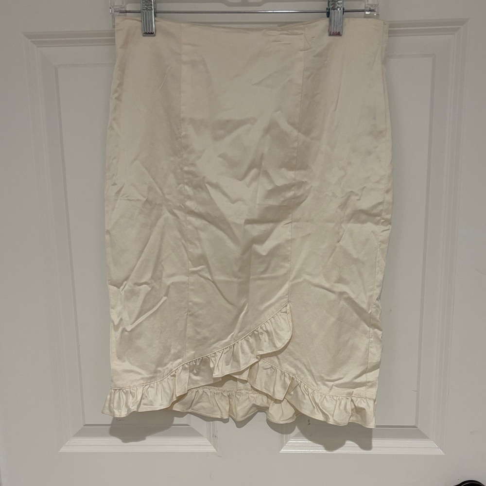 Bebe Cream Pencil Skirt with Ruffle Detail